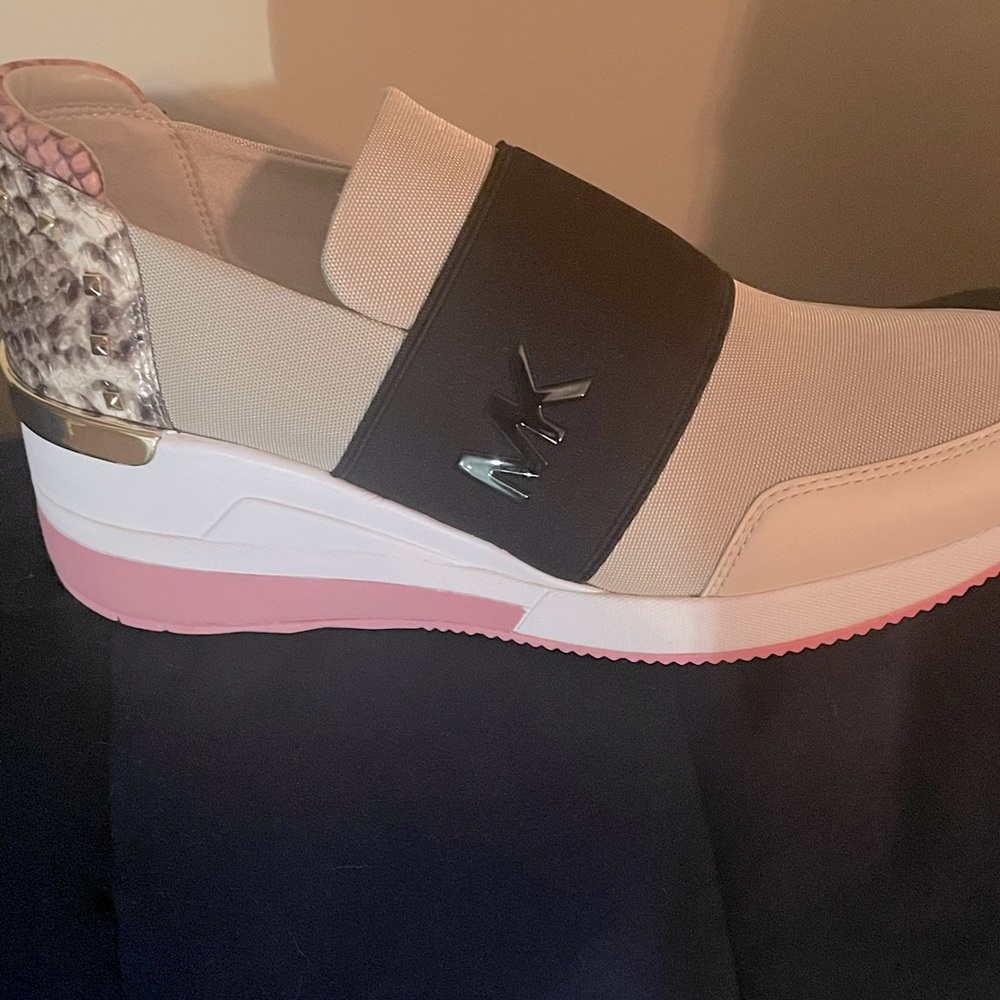 Cream,pink and blk Michael Kors slip on shoes.